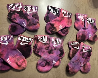 Reverse tie dye, black tie dye socks for kids, adults, with white personalized name of choice, custom personalized socks, kids and adults