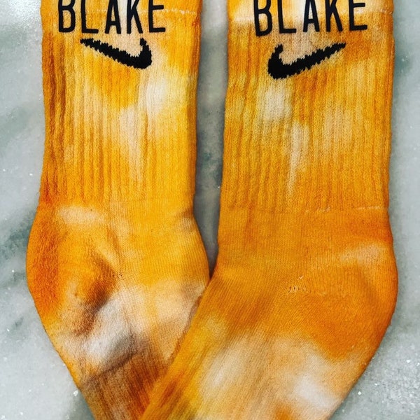 Personalized nike crew socks tie dye with color and name of choice, blue, green, rainbow, kids and adult sizes, custom tie dye crew socks