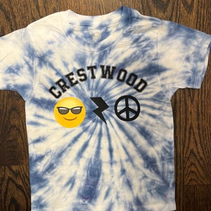 Blue tie dye camp T shirt with personalized logo of choice, Crestwood camp, kids camp shirts, smiley face, peace sign, custom camp shirt