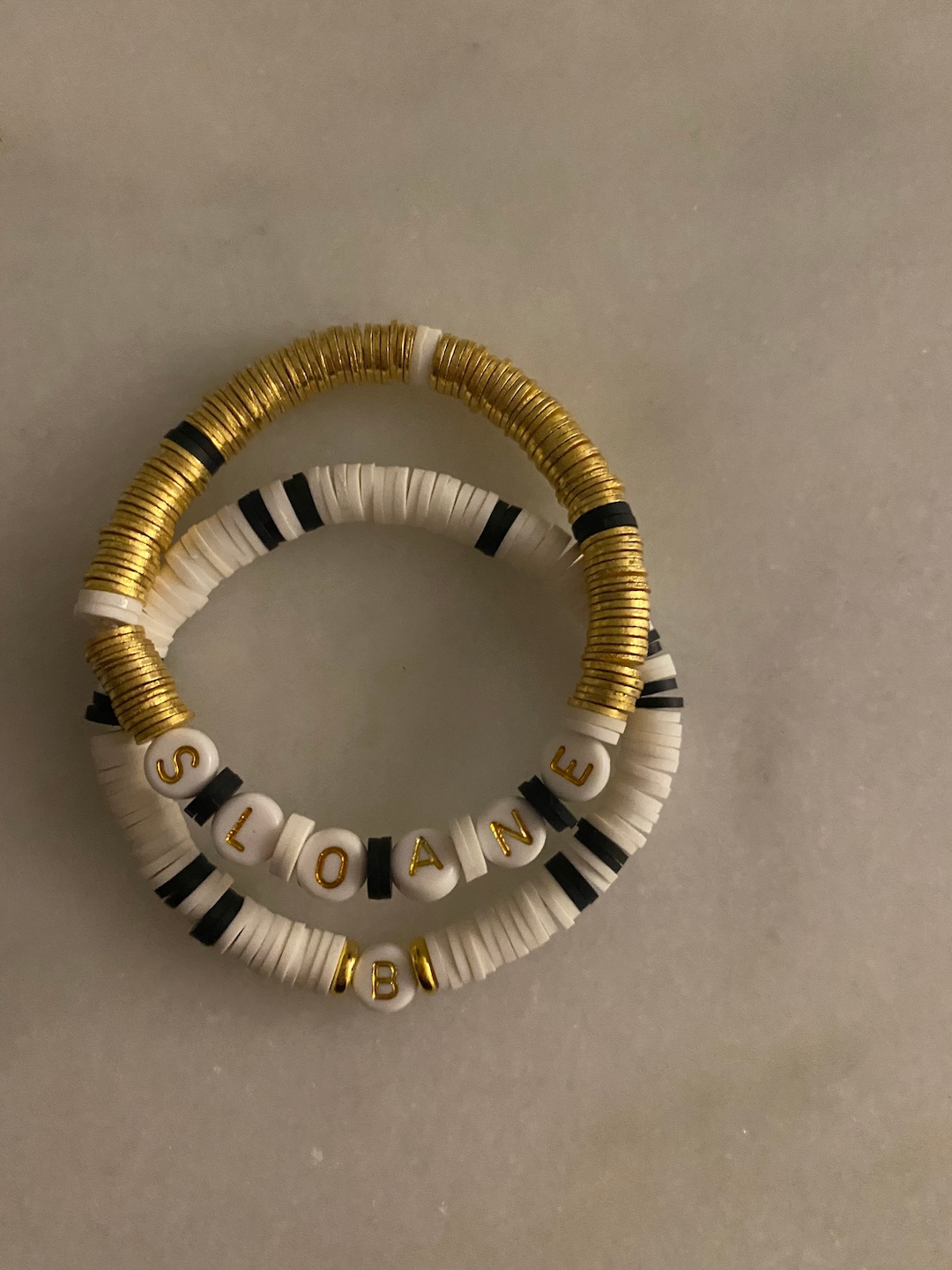 Clay Bead Bracelet/ Handmade Personalized Bracelet/ White, Black and