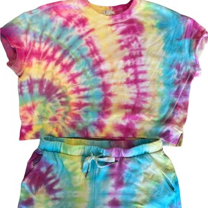 Tie dye cut off t shirt and shorts set in rainbow swirl, sold as a set or separates, womens tie dye shirt and shorts set, spring 2022