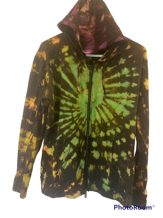 Reverse black tie-dye lightweight hoodie jacket with zipper closure, zip up hoodie, tie dye, orange, pink, 100 percent cotton, fall clothes