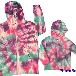 Pink, purple and green cotton tie dye full zipper sweatshirt for kids, girls, tie dye for girls, custom tie dye for kids