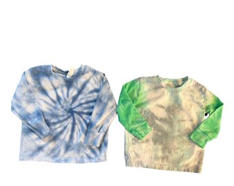 Boys tie dye long sleeve cotton tops for fall, back to school shopping, blue, grey and green, boys and youth sizes, tie-dye clothes for kids