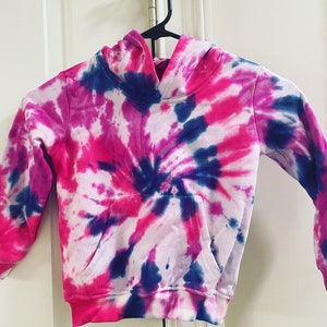 Pink, purple and blue tie dye swirl hoody sweatshirt for girls, size 2, 3, 4, 5, 6, 7, 8, 9, 10, juniors, 100 percent cotton, pullover hood