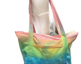 Premium Baumwoll-Batiken in rosa, gelb, orange, lila, blau, grün, Regenbogen Ombré, handgefertigt, große Schulter-Einkaufstasche