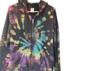 Reverse tie dye hoodie sweatshirt with full zipper closure, extremely comfortable and soft cotton blend, rainbow swirl, black tie dye hoodie