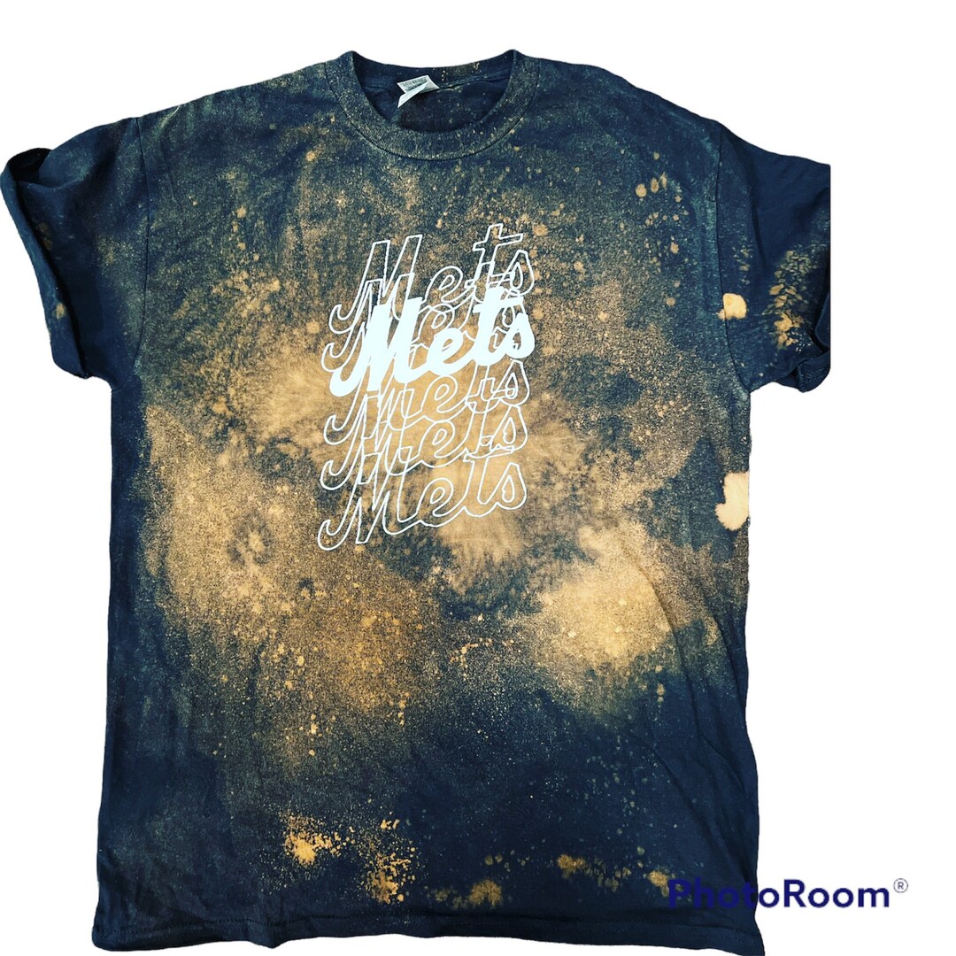 Womens Black Baseball T Shirt With White Logo and Black Reverse Tie Dye Bleach Dye, New York