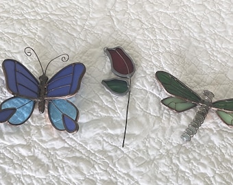 Vintage Handmade Stained Glass Suncatchers Butterflies, Dragonfly, Rose, Ornaments