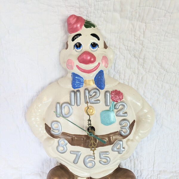 Vintage Handmade Ceramic Clown Wall Clock, Works, 10x13 Inches