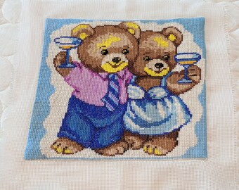 Wedding Handmade Read for Framing or Sewing Project New Year/'s Eve Vintage Completed Cross Stitch Celebrating Bears Anniversary