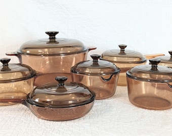 Vintage Corning VISION Amber Transparent Glass Cookware, Dutch Oven, Pots, Pans, Skillet, Casserole Dish
