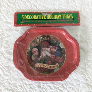 Vintage New in Package Decorative Metal Christmas Mini Treat Trays Snack Trays Victorian Santa