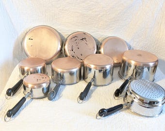 Vintage 17-Piece Set Revere Ware Copper Clad, Pots, Pans, Skillets, Lids, Steamer