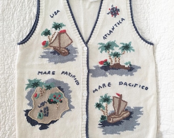 Vintage White Stag Islander Embroidered Knit Cardigan Sweater Vest, Button Down, Size XL