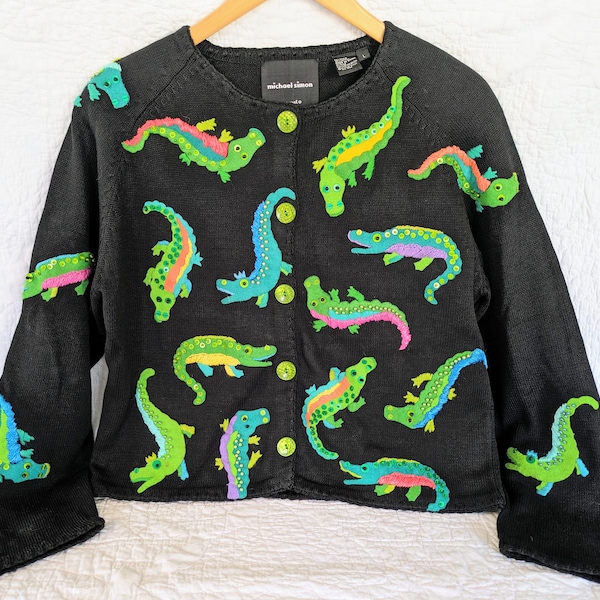 Vintage 1990's Michael Simon Alligator Crocodile Embellished Cardigan Sweater, Women Size Large, See Measurements in Description