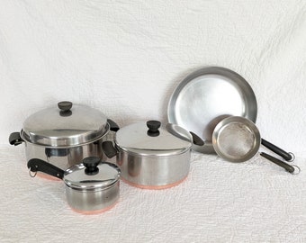 Vintage Revere Ware Pre-1968 Copper Clad Double Circle Pots, Pans, Skillets, Lids