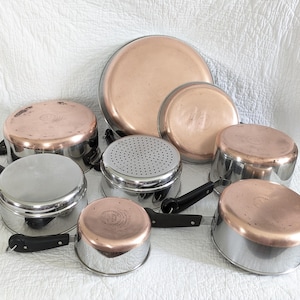 Vintage 14-Piece Set Revere Ware Pre-1968 Copper Clad Double Circle, Stock Pot, Pans, Skillet, Lids, Steamer, Double Boiler