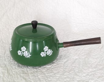 Vintage Aluminum Fondue Pot with Lid, Green with White Flowers