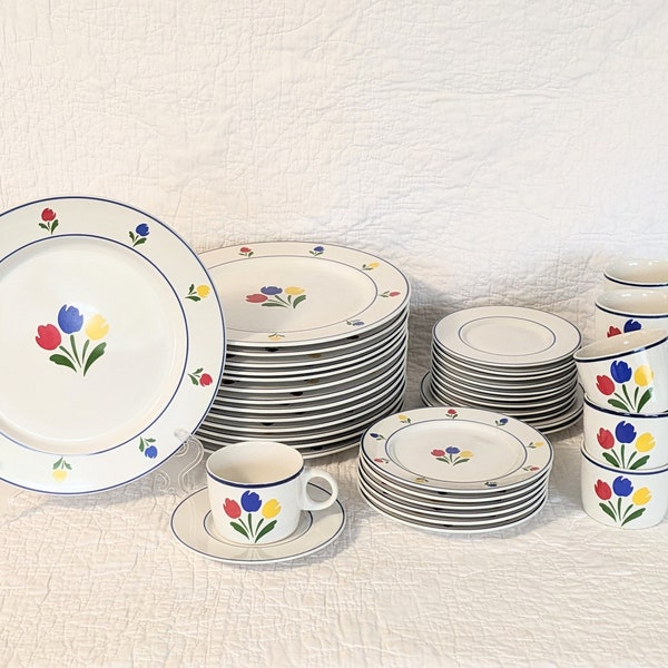 Vintage 1980's Tulip Tyme Stoneware Dishes, Dinner Plates, Dessert Plates, Cups & Saucers