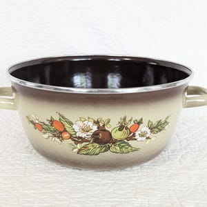 Vintage Enamel 4 Quart Dutch Oven Stock Pot with Flowers and Veggies, No Lid