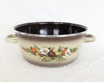 Vintage Enamel 4 Quart Dutch Oven Stock Pot with Flowers and Veggies, No Lid