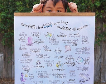 Christian Declarations Poster | 100% HAND LETTERED & Illustrated | I Declare God Is, I Am | Fun Cute Meaningful Inspirational Gift for Kids