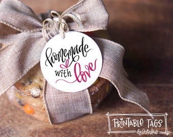 Homemade with Love PRINTABLE Hand Lettered Cookie Tag | Both 2" Circle AND Square Tags | Instant Digital Download pdf jpg | Baked Treats