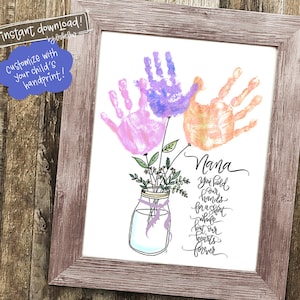 Nana Handprint PRINTABLE Keepsake | 3 Stems | Hand Lettered Grandmothers Craft | DIY Handprints | Instant jpg | Framable Art | Kid Project