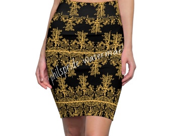 Filipino Batik Inspired Women's Pencil Skirt | Crisply PRINTED | Multi Cultural Attire | Black Batik  inspired printed  Skirt