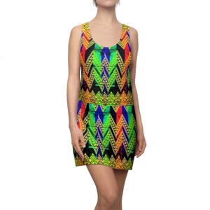 May include: A sleeveless dress featuring a colourful geometric pattern in shades of red, yellow, green, and blue. The pattern is a repeating design of zigzags and diamonds.