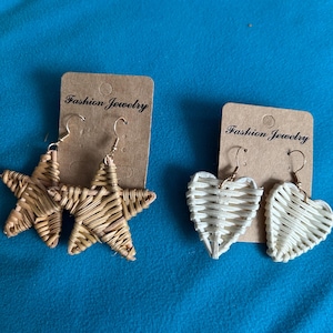 Philippines Filipino native   Rattan Earrings, lightweight,  heart , star  shaped designs