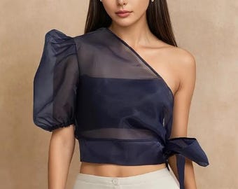 PRE-ORDER Modern Filipiniana  One shoulder Tops, Filipino womens outfit sheer lightweight blouse.