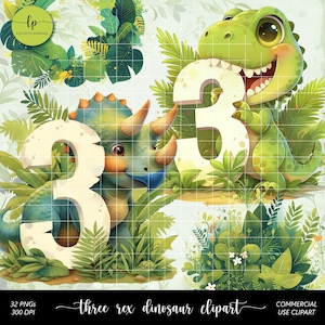 Three Rex clipart set - dinosaurus derde verjaardag illustraties - prachtige digitale kunst stickers - schattige dinosaurus digitale planner sticker set