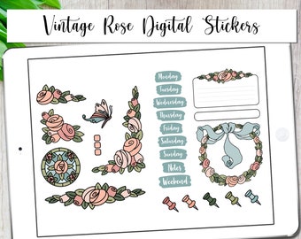 Vintage Rose Hand Drawn Digital Sticker Set - Rose Themed Digital Stickers - Hand Drawn Digital Stickers - Set of 30 Digital Stickers