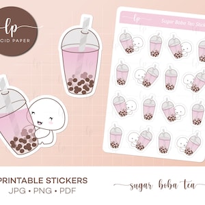Sugar Boba Tea PRINTABLE Sticker - Kawaii Bubble Tea Sticker Sheet - 16 süße Tapioca Tea Planner Sticker - Boba Tea Bullet Journal Sticker