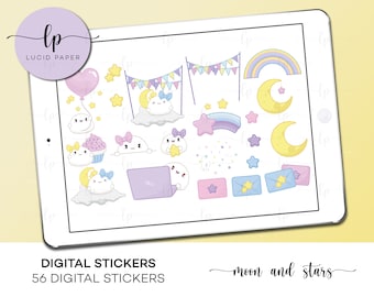 Moon and Stars DIGITAL Sticker Set - Pastel Themed Digital Stickers - Kawaii Rainbow Digital Stickers - Set of 56 Digital Pastel Stickers