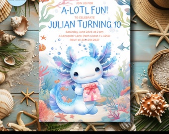 Blue Axolotl Birthday Invitation Template  - Boy Birthday Invitation Design - Watercolor Axolotl Underwater Party Invitation Template
