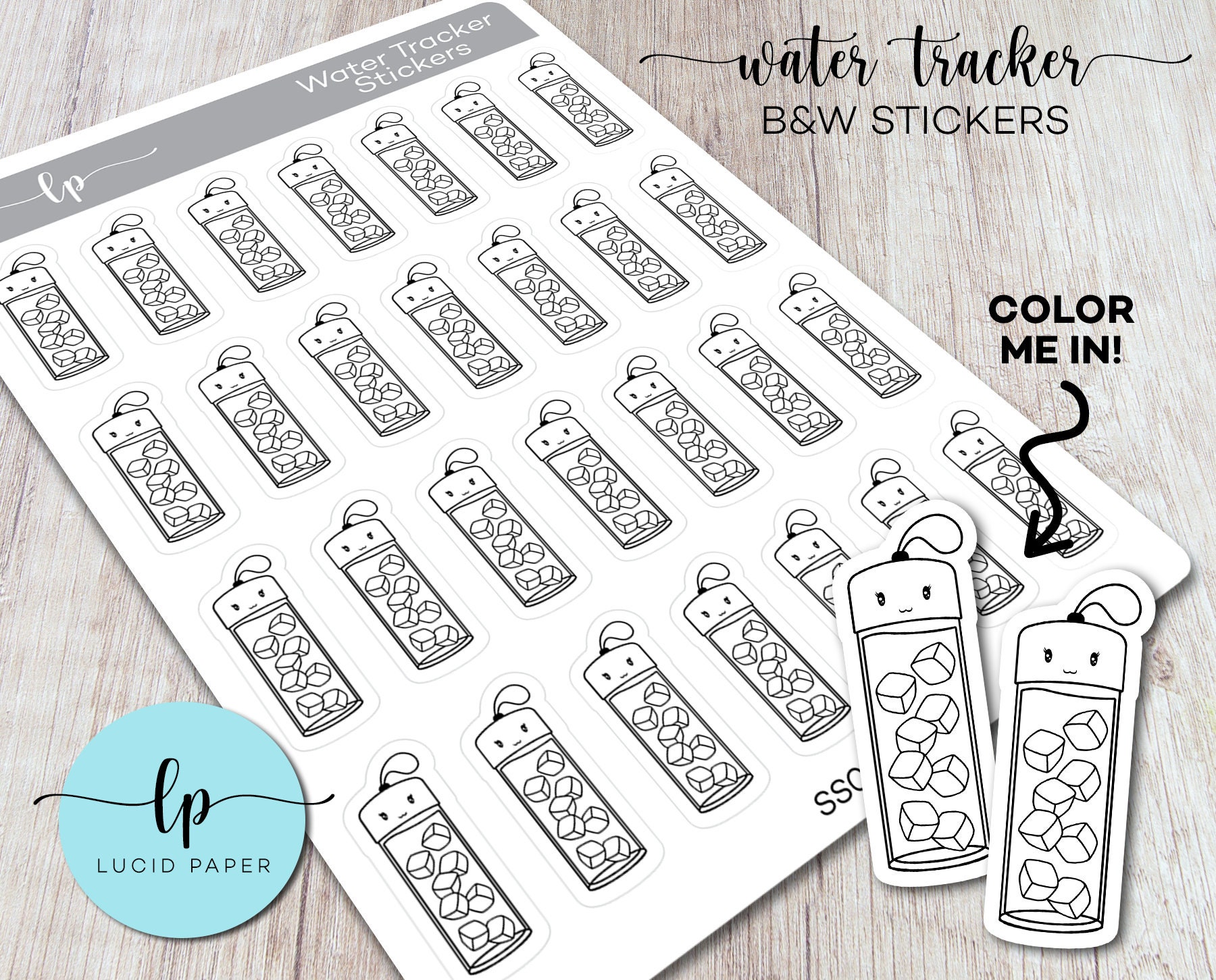Water Tracker Black and White Sticker Sheet - Kawaii Hydration Bullet ...