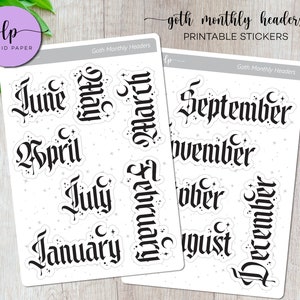 PRINTABLE Goth Monthly Headers Sticker Sheet - Gothic Script Planner Stickers - Decorative & Functional Planning - Month Journal Stickers