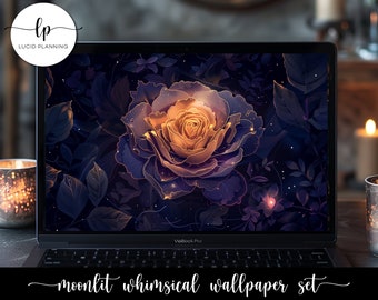 May include: A digital illustration of a single rose with a dark blue and purple background. The rose is a light gold color and has a soft glow. The background is filled with small white dots and a few small dark blue flowers.