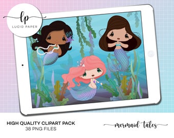 Mermaid Clipart Pack - Underwater Clip Art - Cute Mermaids Planner Stickers - Rainbow Ocean Scene - Underwater Scene - Seaweed - Kelp