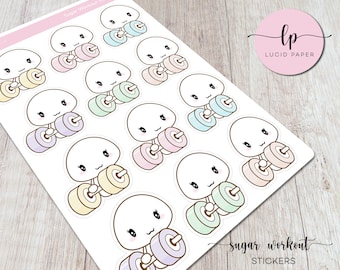 Sugar Workout Sticker Sheet - Kawaii Weightlifting Sticker Sheet - 12 Cute Pastel Fitness Planner Stickers - Workout Bullet Journal Stickers