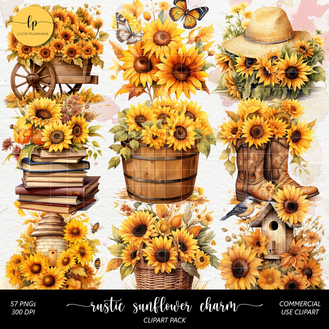 Rustic Sunflower Charm Clipart Set - Sunflower Design Digital Stickers ...