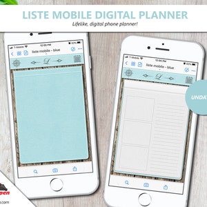 Può includere: Due smartphone che mostrano un'interfaccia di pianificazione digitale. Il pianificatore è etichettato come "LISTE MOBILE DIGITAL PLANNER" e "Lifelike, digital phone planner!". Il pianificatore ha uno schema di colori blu e bianco, con un'etichetta "UNDATED". Il logo Lucid-Pen è in basso a sinistra.