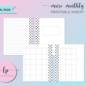 May include: Printable micro monthly planner insert with a black heart pattern border. The insert includes a lined notes page, a blank page with a box for a title, and a gridded monthly calendar.