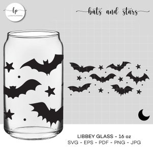 May include: A clear glass 16 ounce Libbey glass with a black and white design of bats and stars. The text "bats and stars" is written in cursive at the top of the image. The text "LIBBEY GLASS - 16 oz" is written at the bottom of the image. The text "SVG - EPS - PDF - PNG - JPG" is written below the text "LIBBEY GLASS - 16 oz".