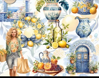 May include: A digital clipart pack featuring illustrations of lemons, oranges, a woman, a blue door, a blue and white pitcher, a blue and white vase, a blue and white candle holder, a blue and white teapot, and a bottle of olive oil. The illustrations are in a watercolor style and have a Mediterranean theme.