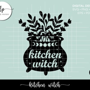 May include: Black digital design featuring a cauldron with leafy sprigs, moon phases, and the words "kitchen witch." The design includes stars and a crescent moon on a light teal background. The words "Lucid Paper" are in a circle in the upper left corner.