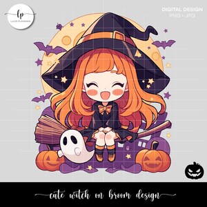 Cute Witch on a Broom Sublimation Design - Instant Download - Witch Halloween Shirt Design - Kawaii Witch Kids Clipart Design